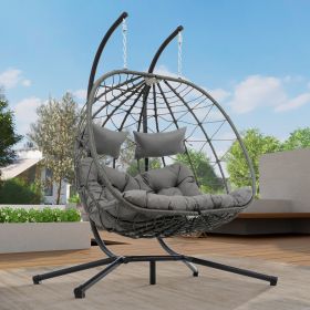 2 Persons Egg Chair with Stand Indoor Outdoor Swing Chair Patio Wicker Hanging Egg Chair Hanging Basket Chair with Stand for Bedroom Living Room Balco