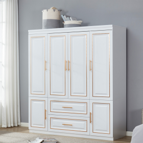 Armoire Wardrobe Closet, 4-Door 2 Wooden Drawers Tall Cabinet Luxury Style Closet Wardrobe for High Storage Capacity