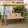 3-Seat Patio Swing Chair, Porch Swing Glider with Cushion, 3 Throw Pillows & Adjustable Canopy for Porch, Garden, Poolside, Backyard, Khaki