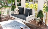 GO 2-Person Wicker Hanging Porch Swing with Chains, Cushion, Pillow, Rattan Swing Bench for Garden, Backyard, Pond. (White Wicker, Gray Cushion)