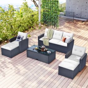 6-piece All-Weather Wicker PE rattan Patio Outdoor Dining Conversation Sectional Set with coffee table, wicker sofas, ottomans (Color: Beige)