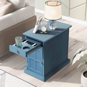 U-Can Classic Vintage Livingroom End Table Side Table with USB Ports and One Multifunctional Drawer with cup holders (Color: as Pic)