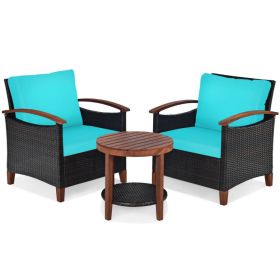 3 Pieces Patio Wicker Furniture Set with Washable Cushion and Acacia Wood Tabletop (Color: Turquoise)