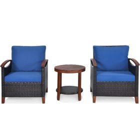 3 Pieces Patio Wicker Furniture Set with Washable Cushion and Acacia Wood Tabletop (Color: Blue)