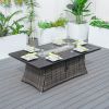 Direct Wicker Patio Fire Pit Dining Set 6-Seat Rectangular Aluminum Table with Rattan Chairs